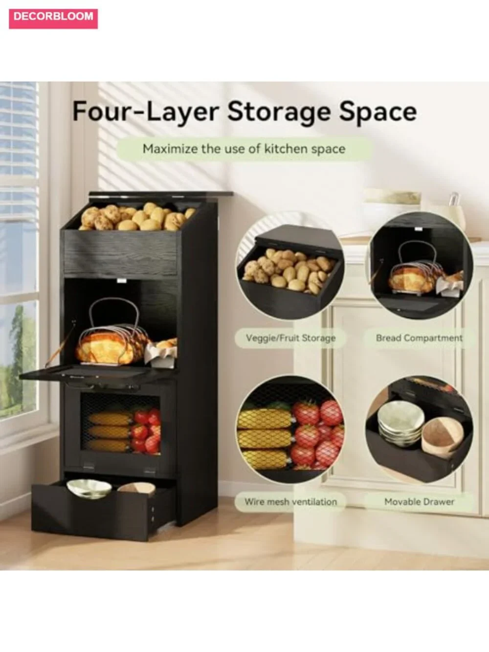 4-Tier Potato Onion Storage Bin Bread Box Wood Grain Metal Mesh Doors